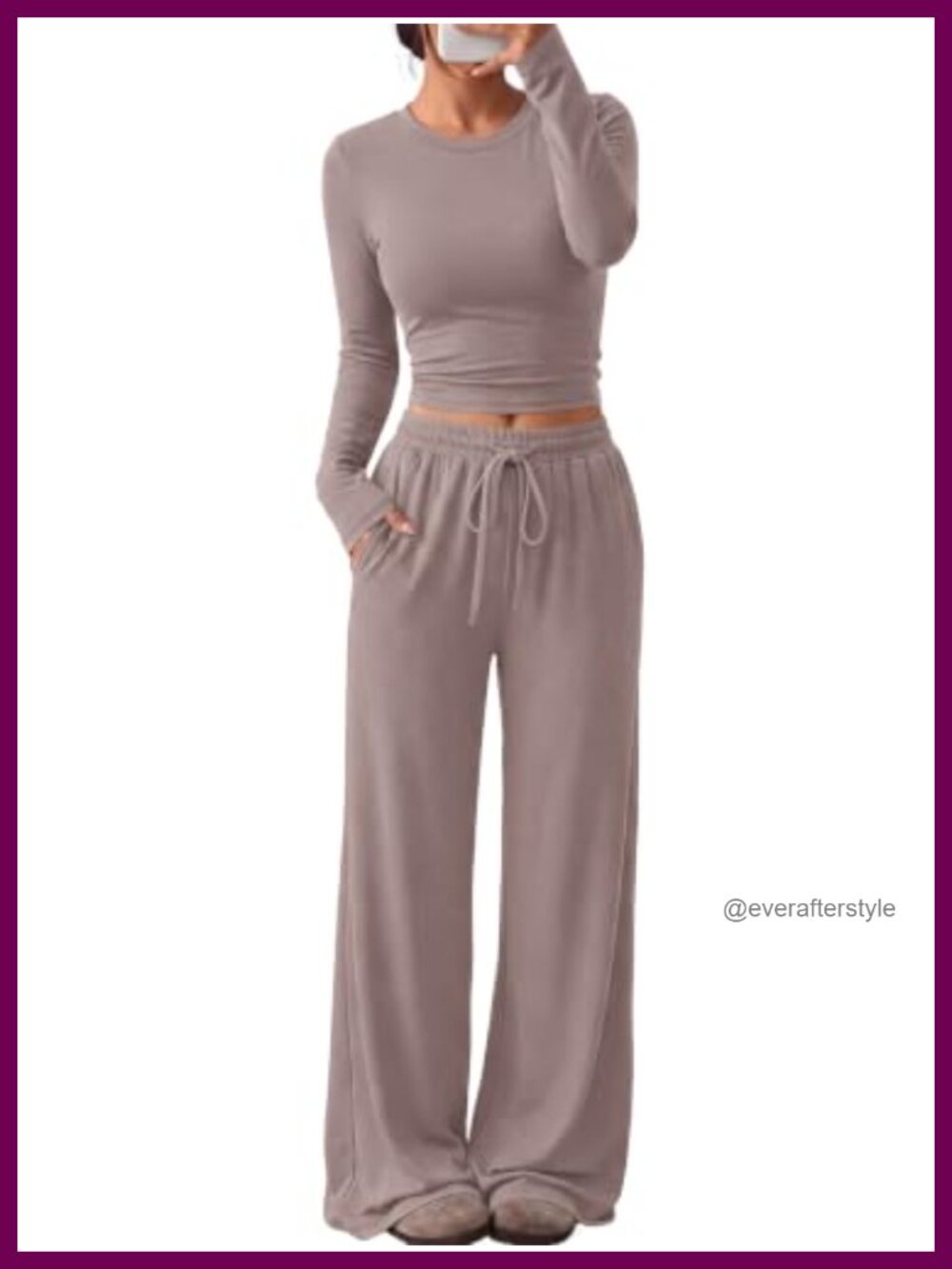 2 Piece Lounge Set Long Sleeve Top Wide Leg Pants with Pockets